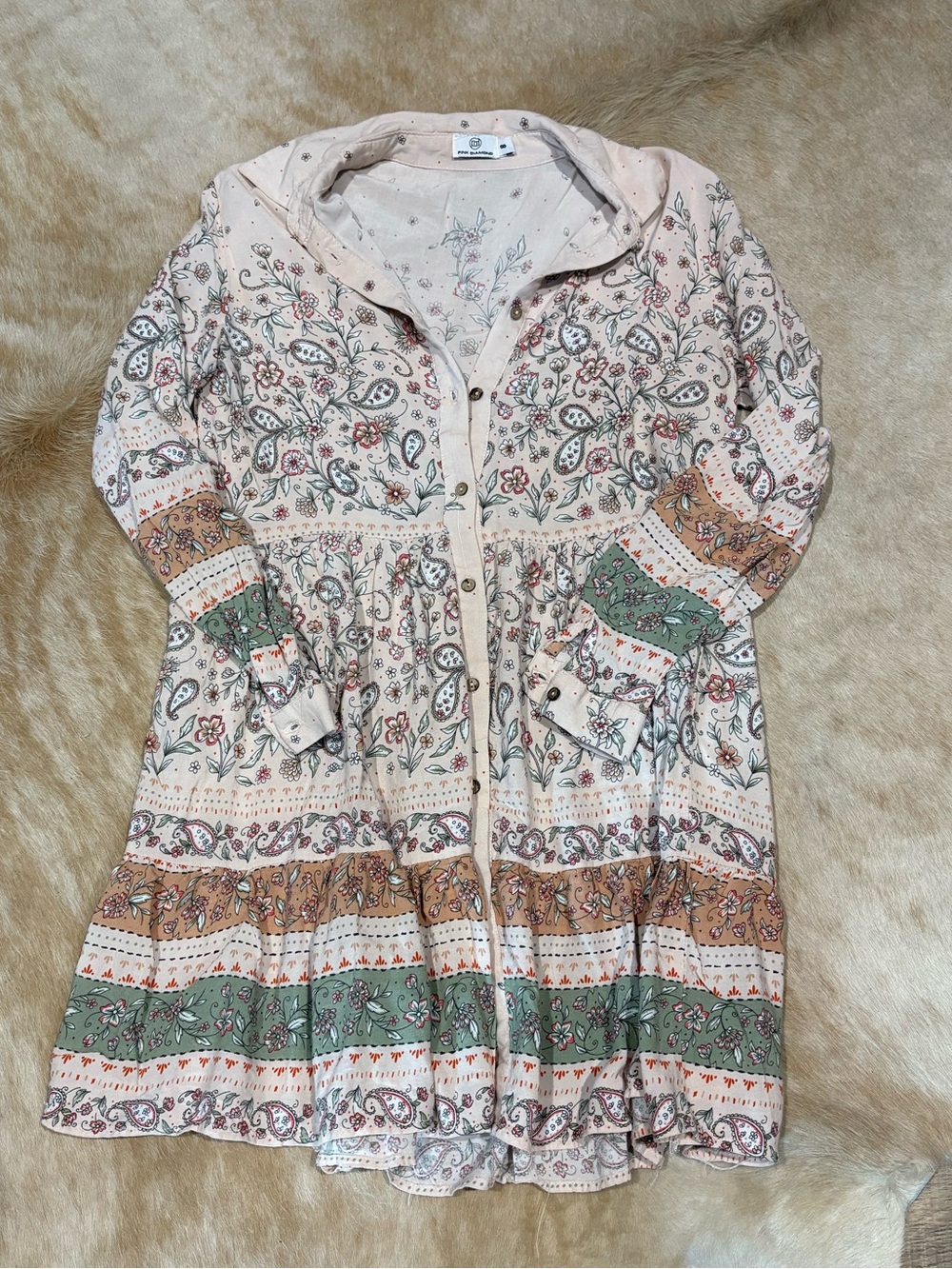 Bohemian Button-Front Floral Tiered Dress - Light Pink & Green